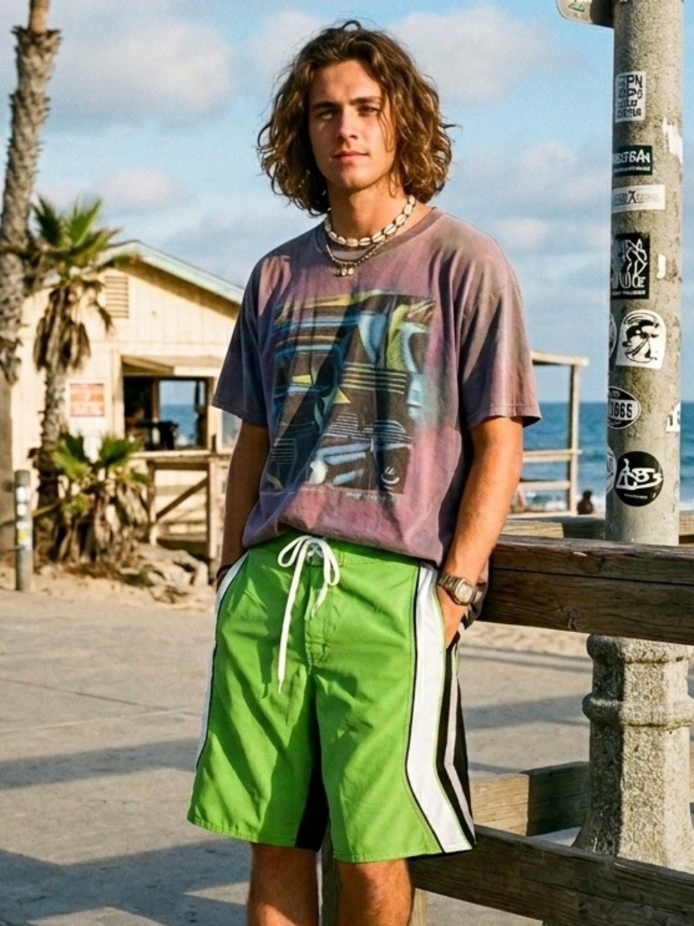 Vintage Hobie Shorts Mens Sz 34 Neon Green Beach Surf Skate Board 90s Retro Y2K
